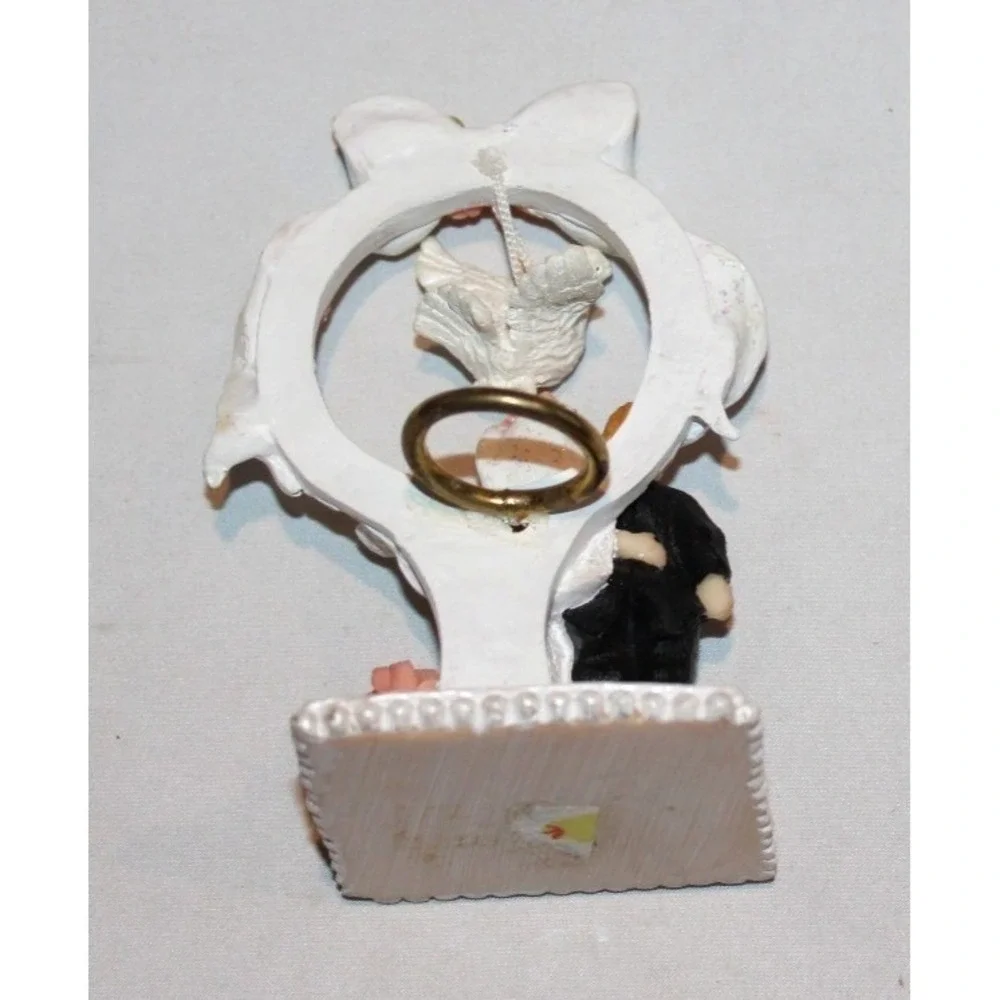 vintage bride & groom wedding cake topper with dove & ring in back